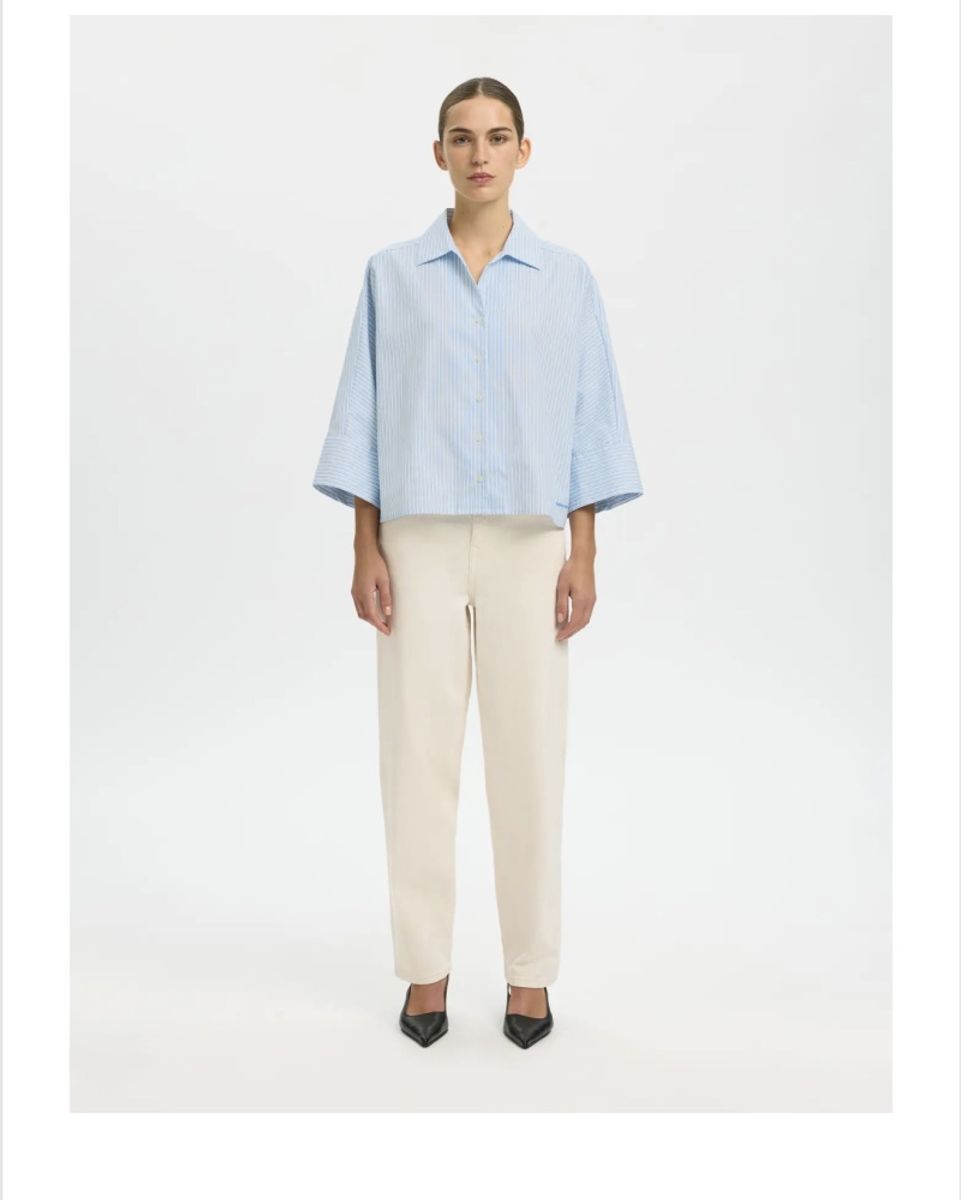 Selected Femme Ester Oversize 3/4 Shirt Malibu Blue Stripe
