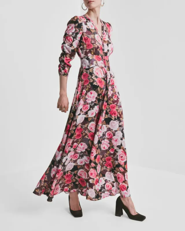 byTiMo Satin Button Down Dress Midnight Roses