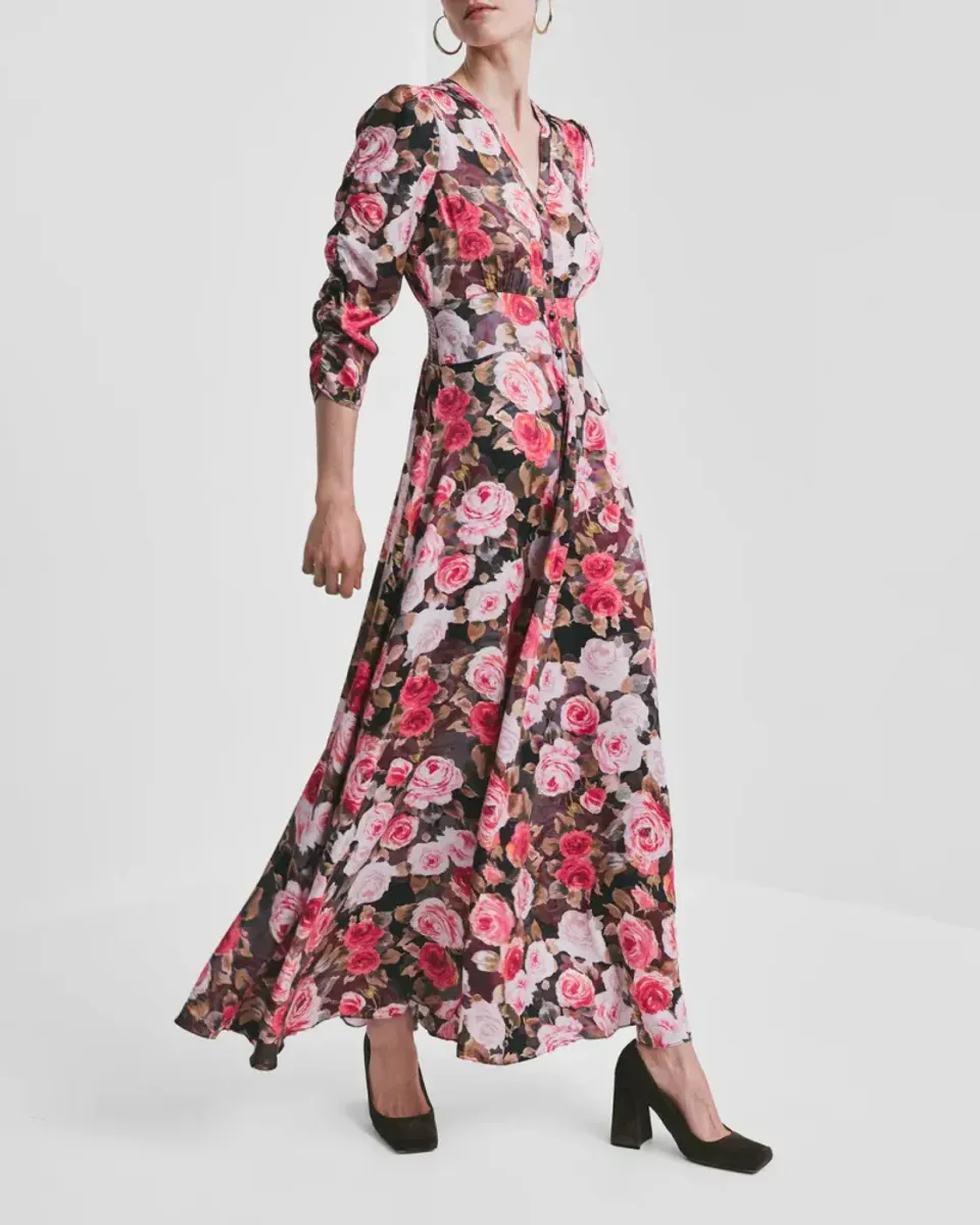 byTiMo Satin Button Down Dress Midnight Roses