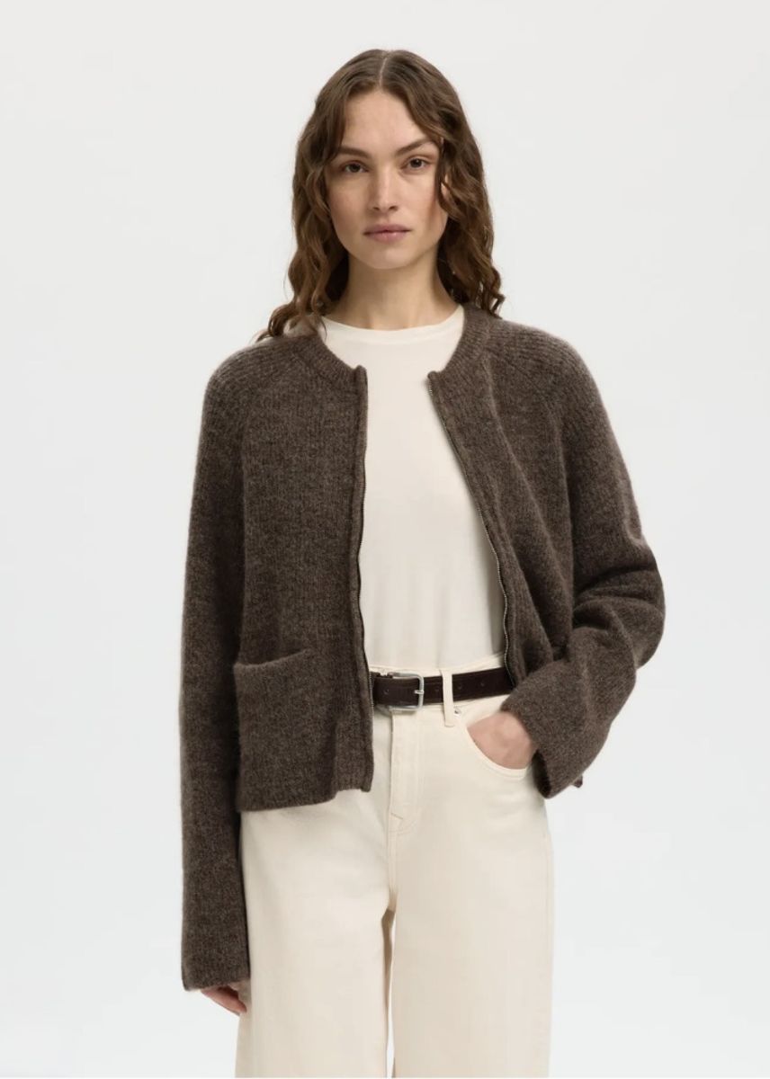 Selected Femme Sia Ras Knit Short Cardigan Chocolate Chip