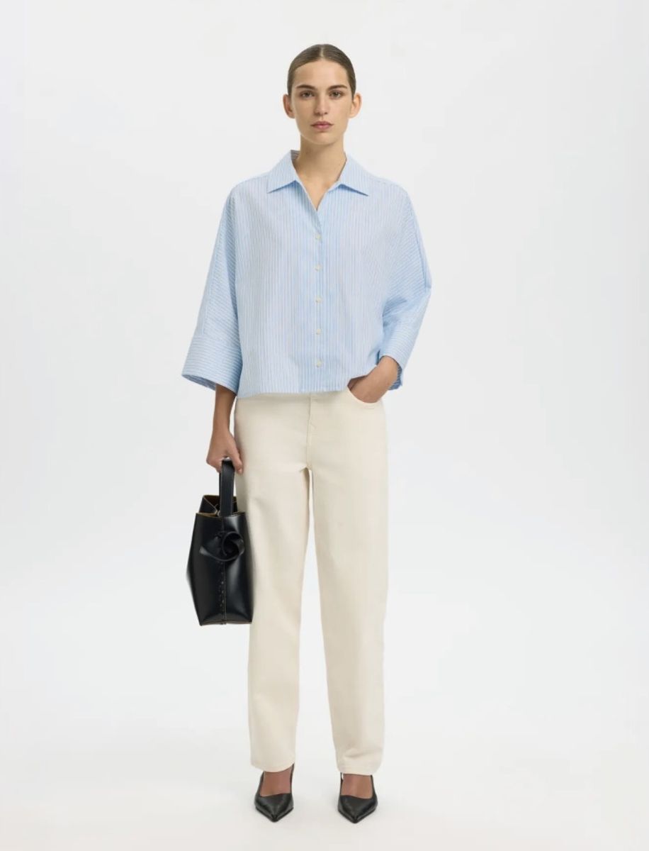 Selected Femme Ester Oversize 3/4 Shirt Malibu Blue Stripe