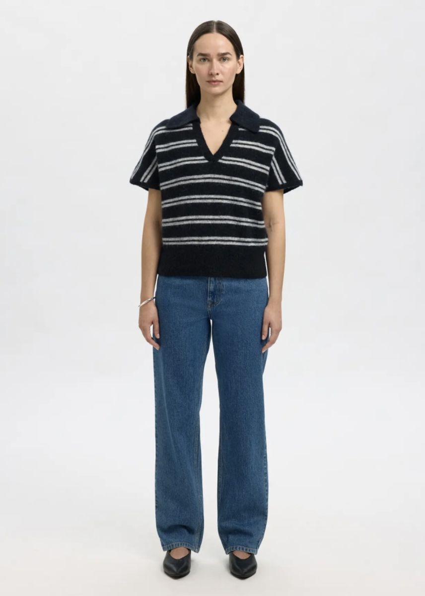 Selected Femme  Lulu Knit Polo Dark Sapphire Stripes 