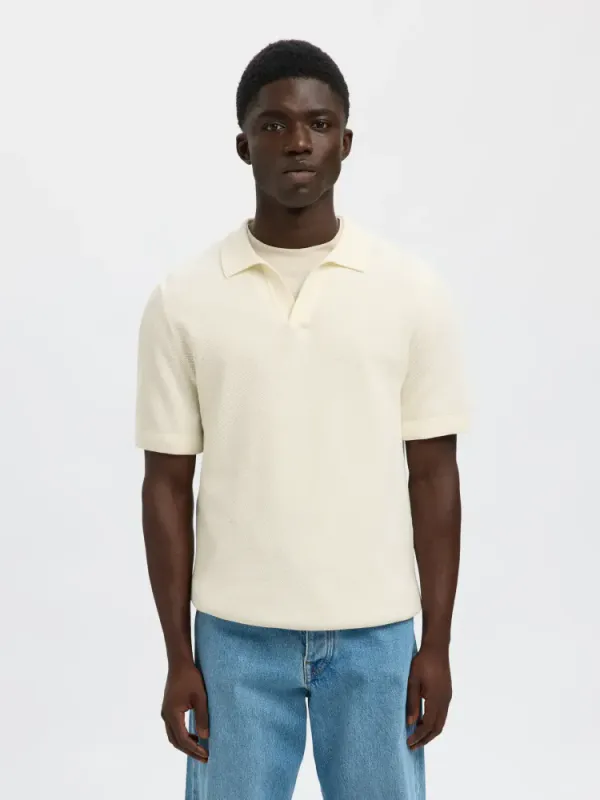 Selected Homme Colibri  SS KNIT STRUCTURE OPEN POLO Egret