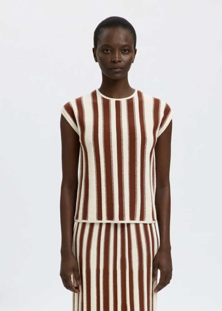 Selected Femme  Lina Knit O- Neck Birch Stripes/ Cherry Mahogny