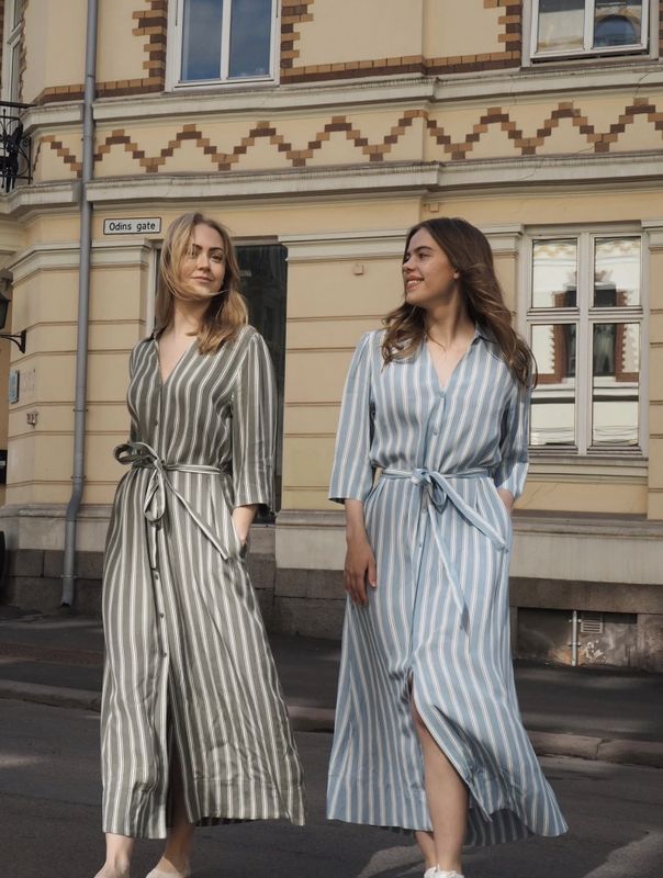 Selected Femme Flora 3/4 Ankle Shirt Dress Deep Litchen Green Striped