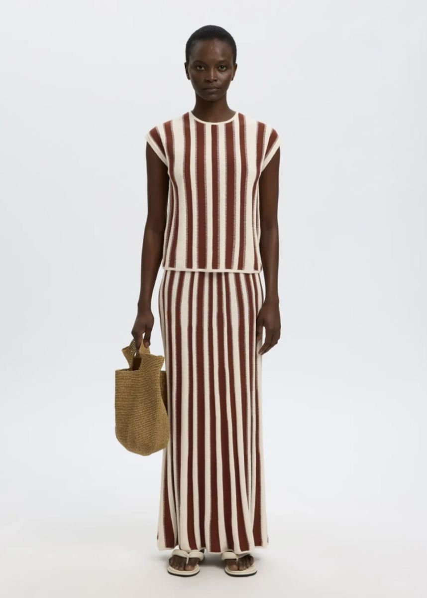 Selected Femme  Lina Knit O- Neck Birch Stripes/ Cherry Mahogny
