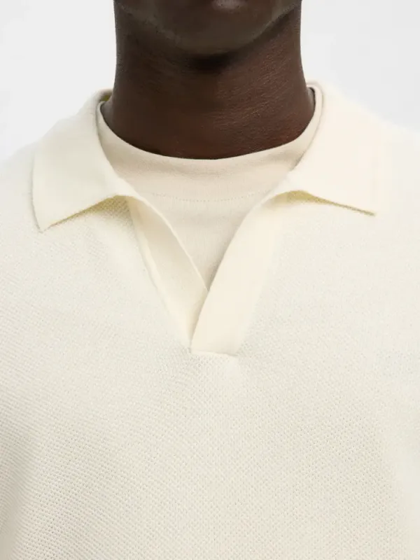 Selected Homme Colibri  SS KNIT STRUCTURE OPEN POLO Egret