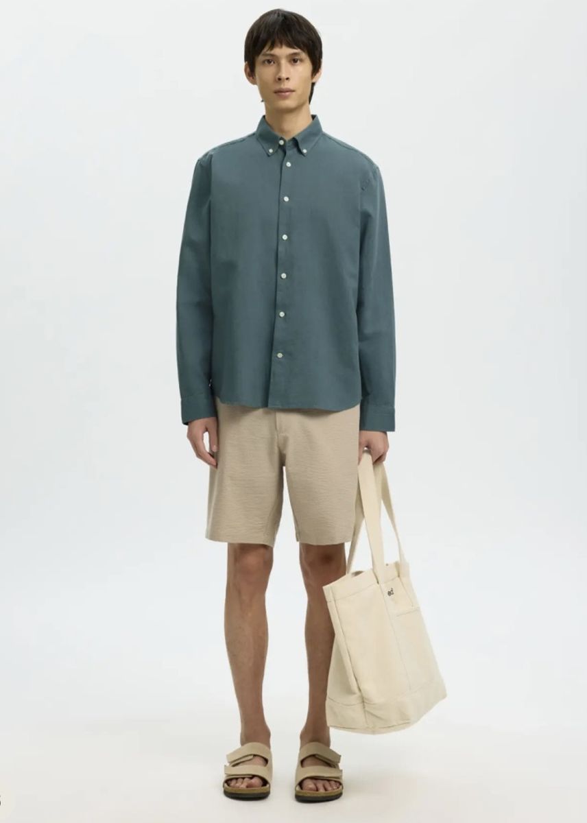 Selected Homme Reg Clay Linen Blend Shirt Balsam Green