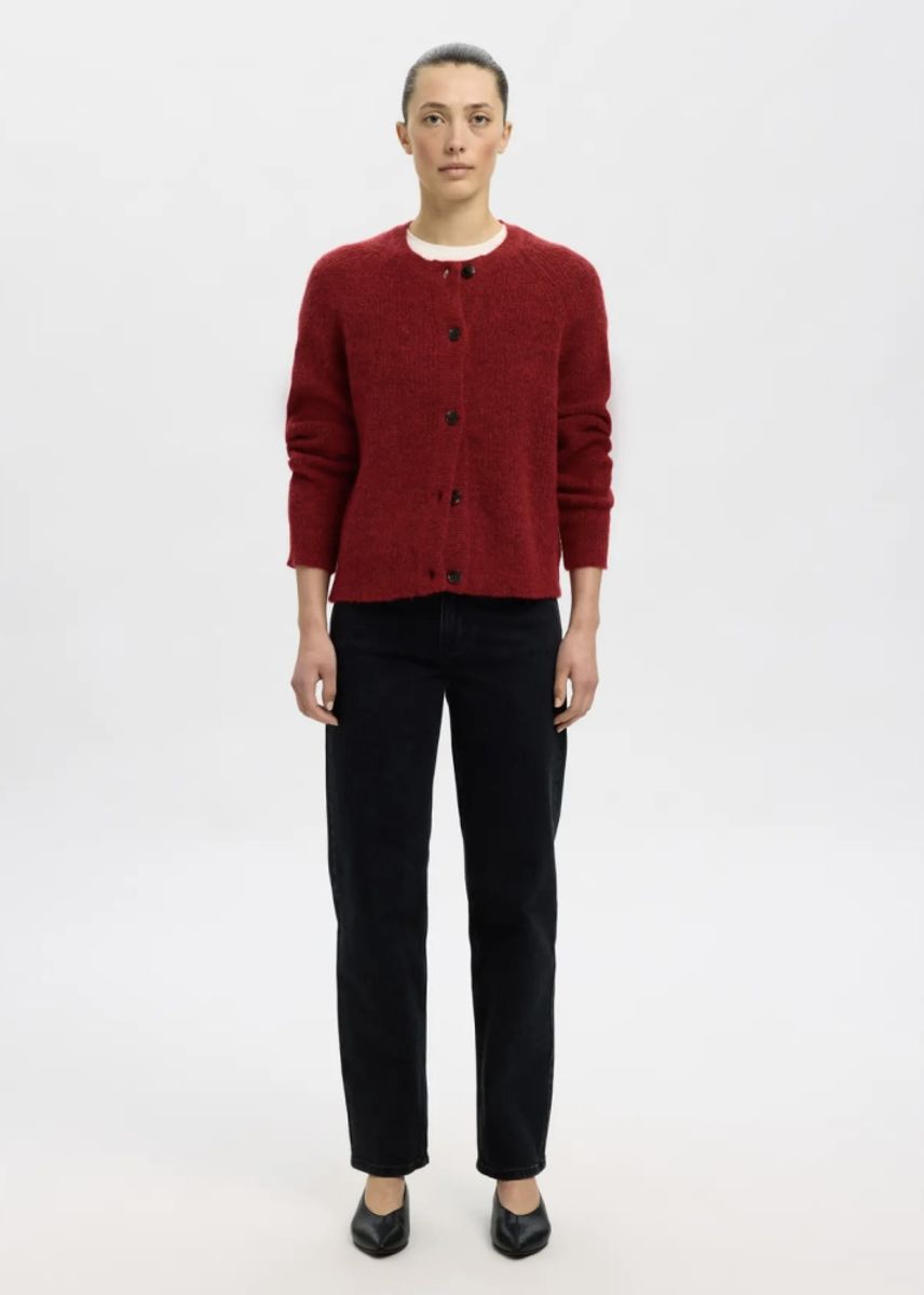 Selected Femme Lulu Knit Short Cardigan Equestrian Red Melange