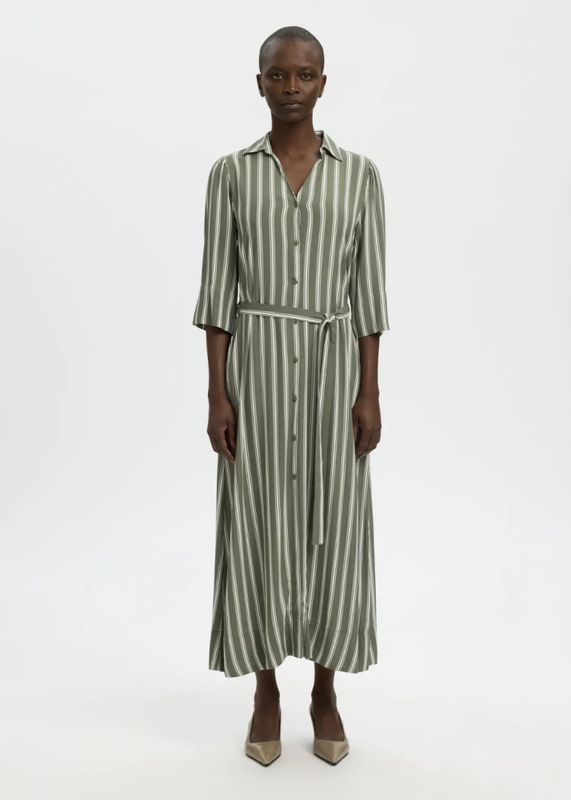 Selected Femme Flora 3/4 Ankle Shirt Dress Deep Litchen Green Striped