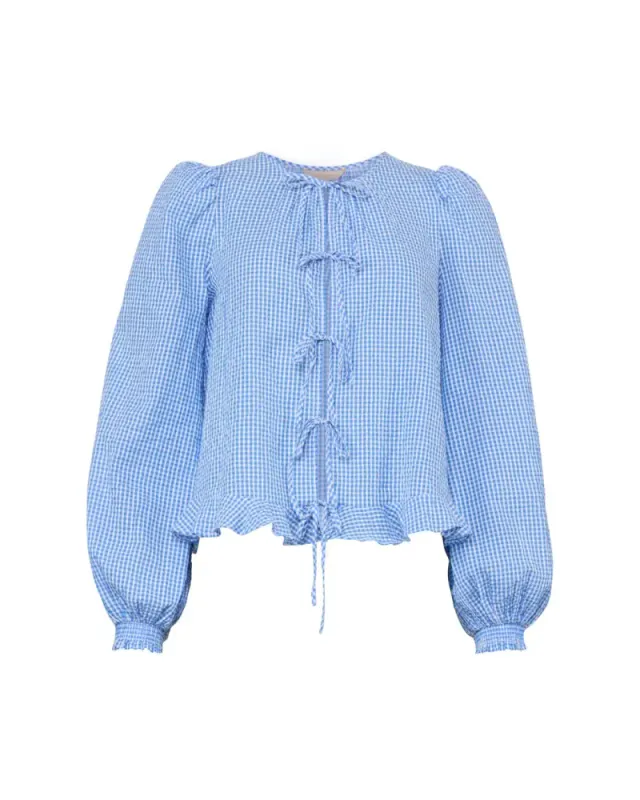 by TiMo Seersucker Bow Blouse Blue Checks