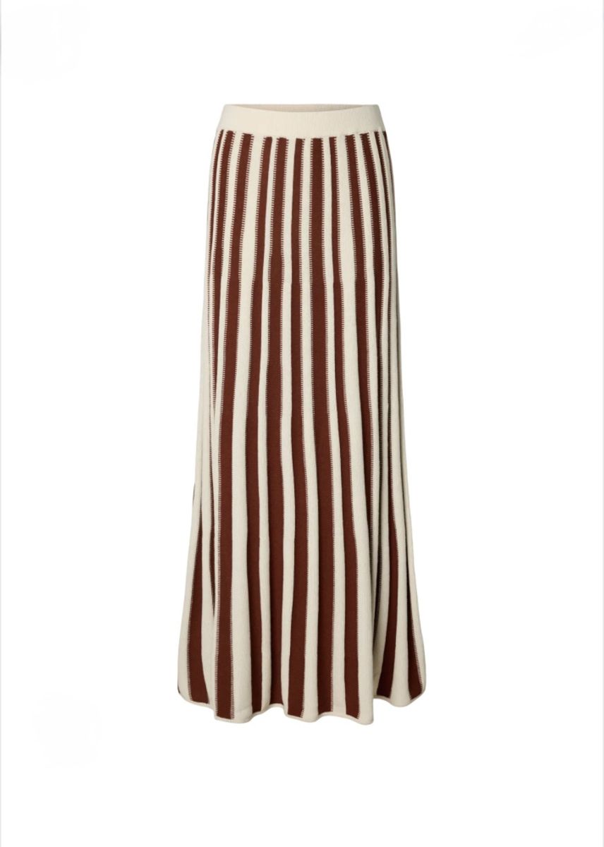 Selected Femme  Lina Knit Long Skirt Birch Stripes/cherry mahogny