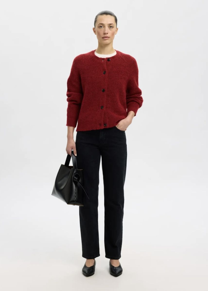 Selected Femme Lulu Knit Short Cardigan Equestrian Red Melange